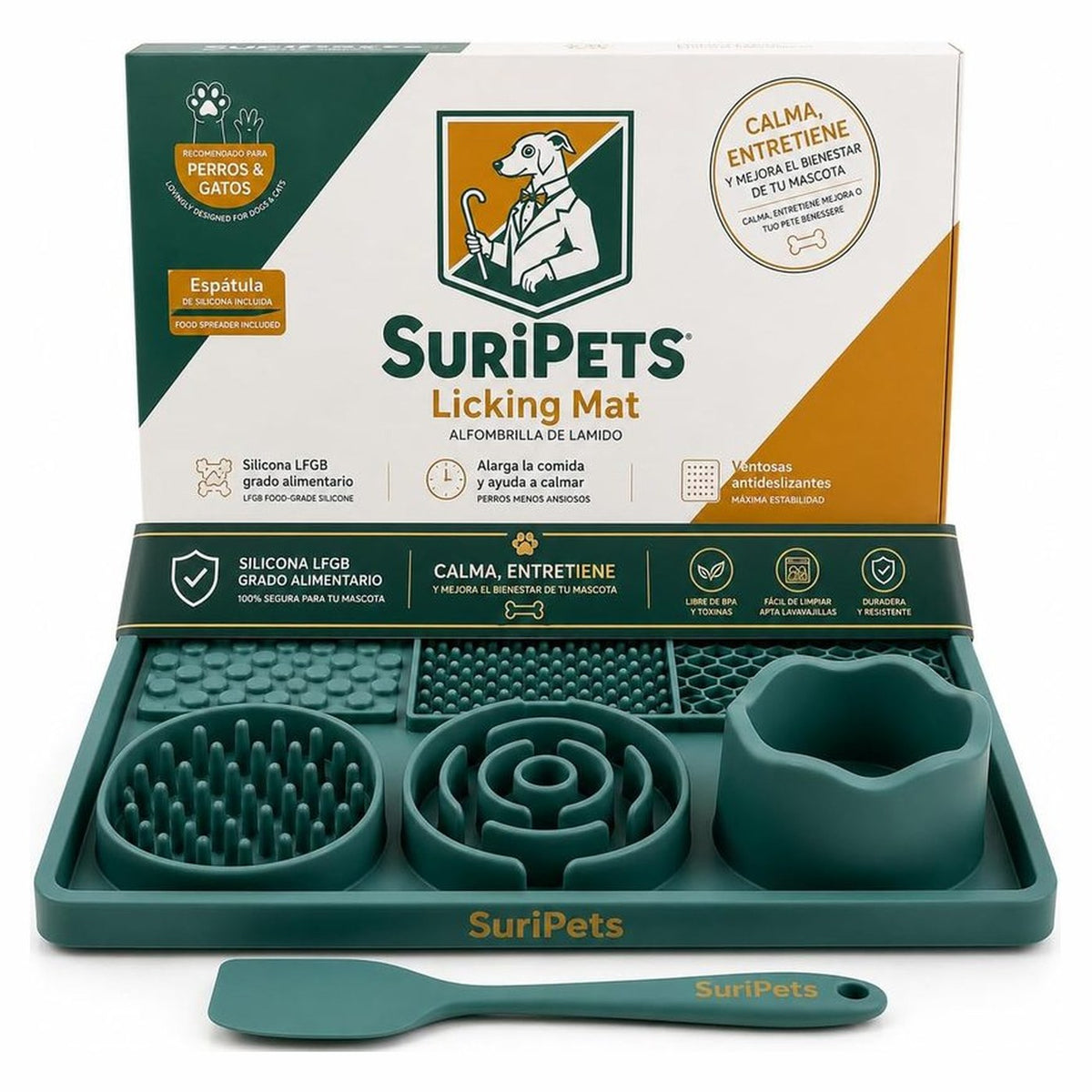 Alfombrilla de lamido SuriPets con su caja y espátula
