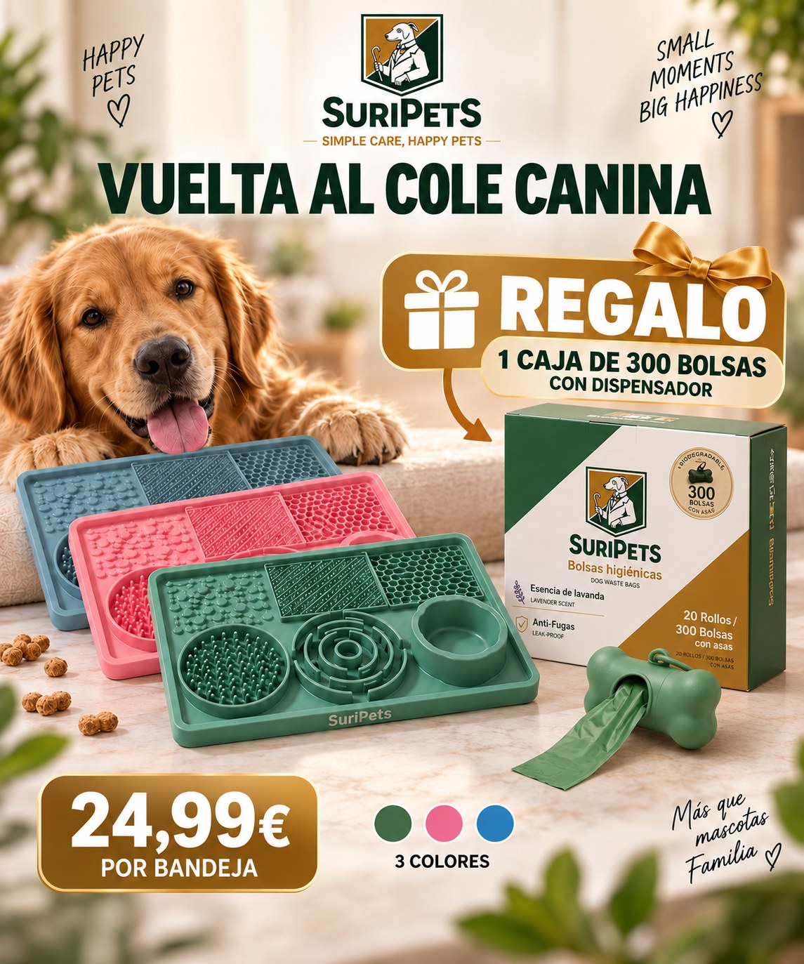 Vuelta al cole canina SuriPets — Pack alfombrilla de lamido en verde, azul o rosa por 24,99 € por bandeja, con caja de 300 bolsas de regalo. 3 colores.